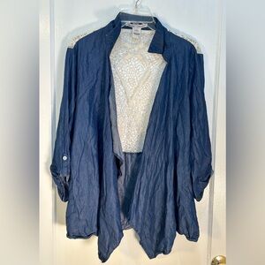 American Rag Wmns L Blouse Crocheted Shell W Attached Jckt Roll Up Slvs Blue Ctn
